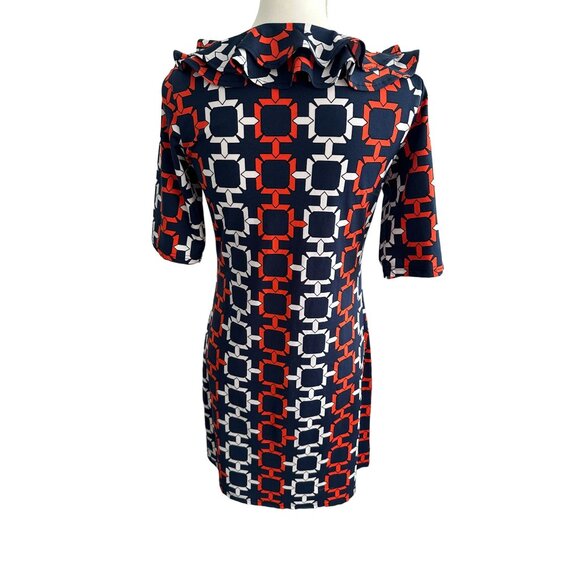 TRACY NEGOSHIAN Orange Navy Blue Ruffle V Neck Dress Size XS - Picture 7 of 8